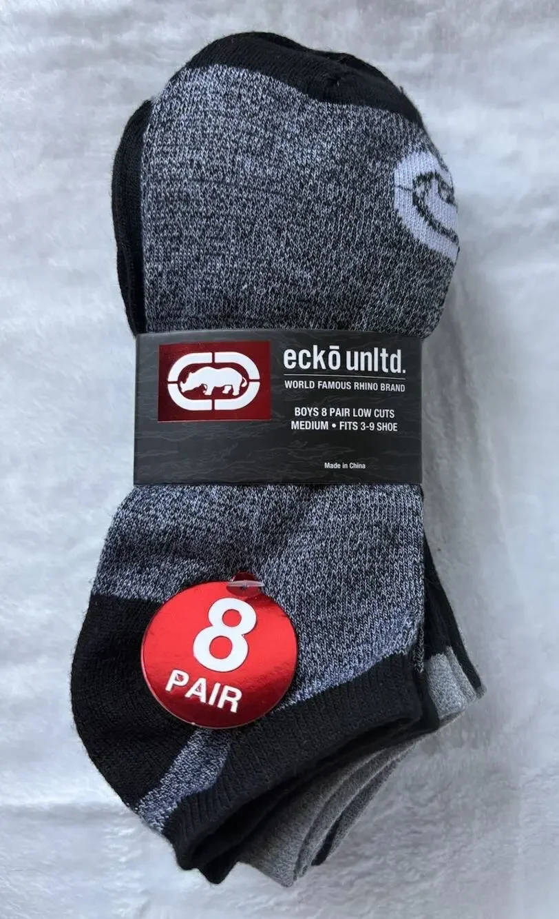 Ecko Unltd. Boys 8-Pair Low Cut Socks Black/Gray Medium Shoe 3-9 Lightweight